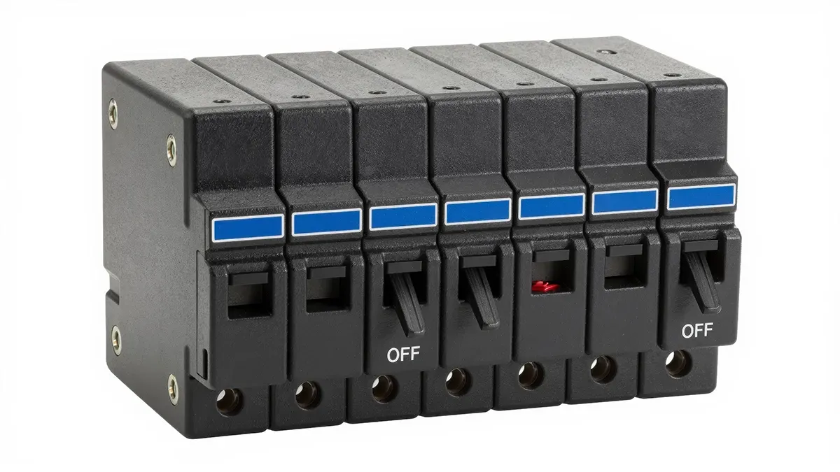 A bank of black breaker switches with blue labels on a white ground