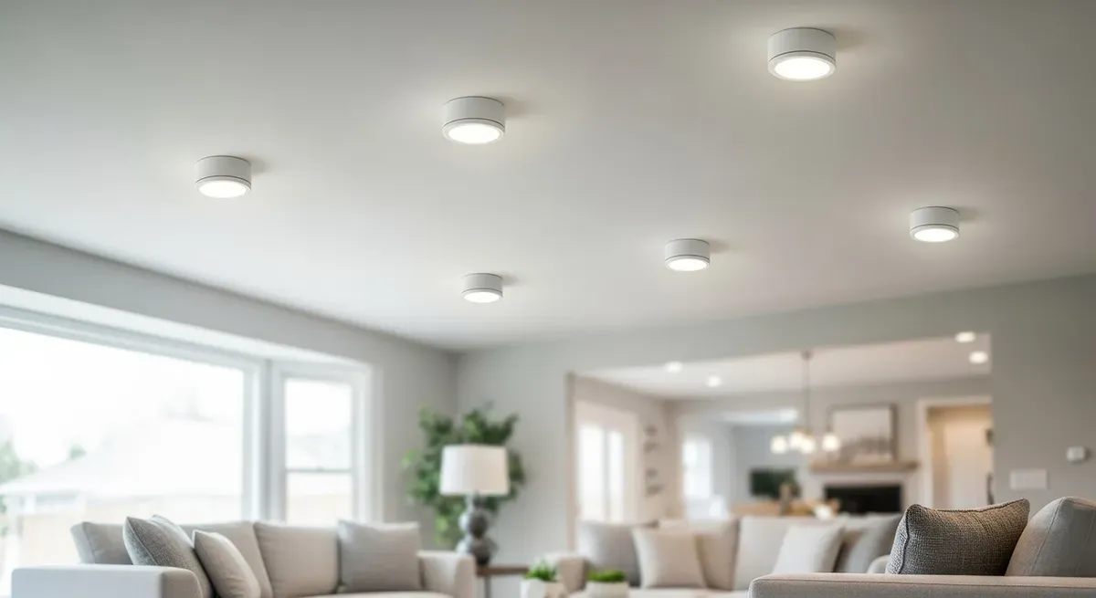 Round ceiling lights lit across a bright living room ceiling