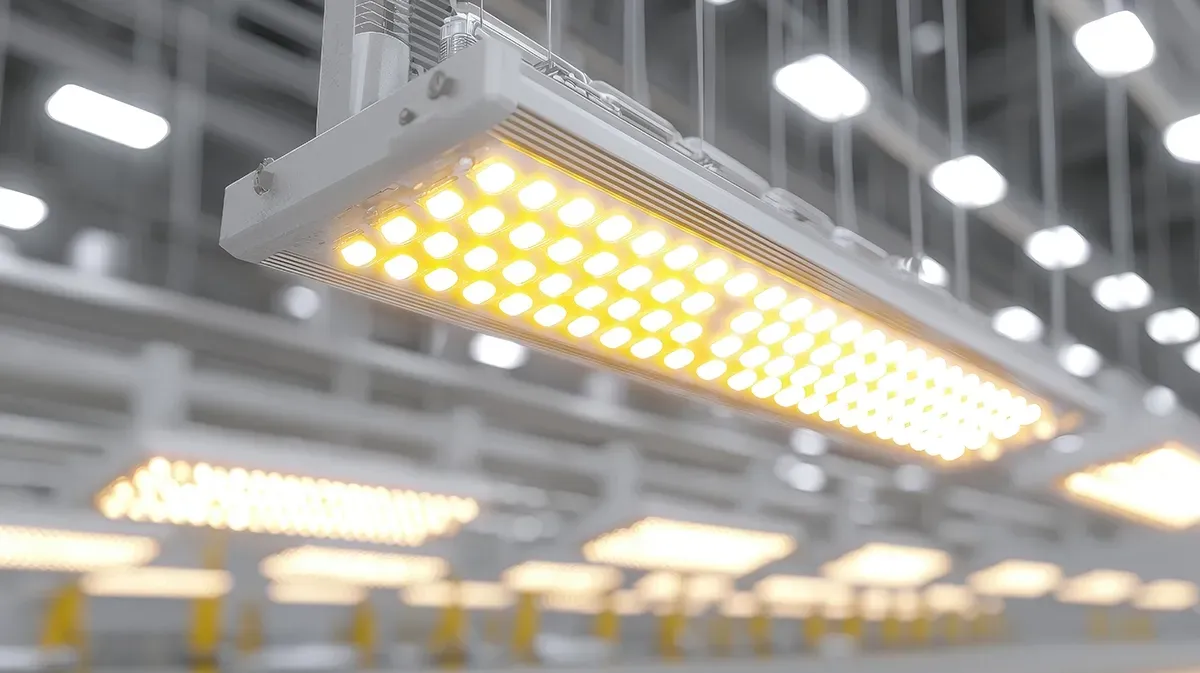 A lit LED high bay fixture in a commercial ceiling, rows of lights behind it