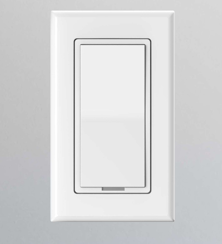 A Levven wire-free switch with a screwless designer wallplate mounted on a grey wall