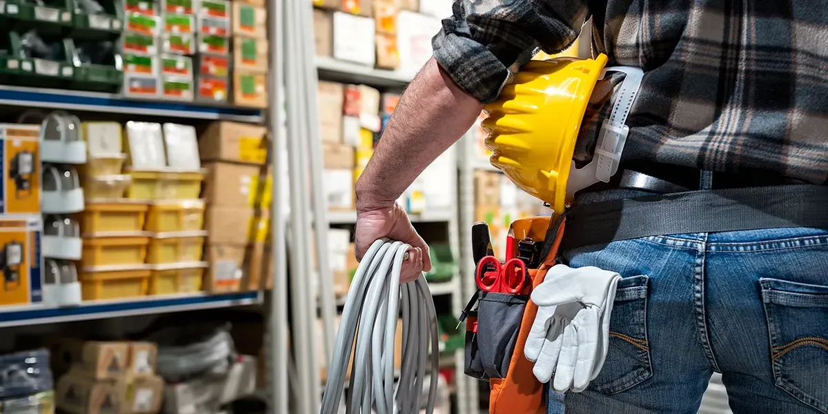 An electrician from behind in a supply aisle, holding a coil of cable, hard hat under one arm