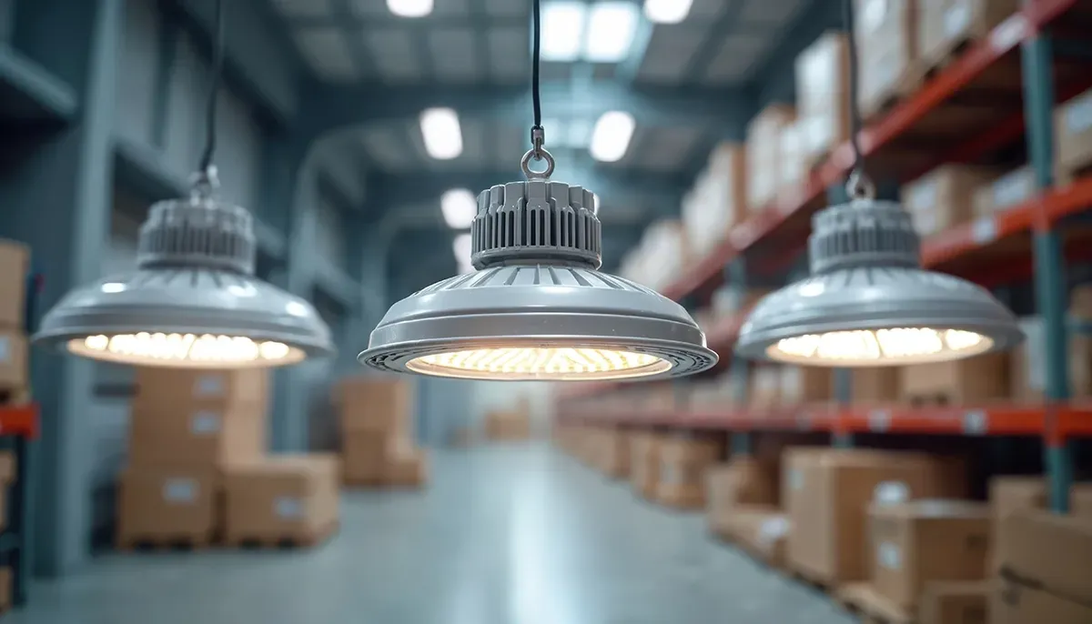LED high bay lights hanging over a warehouse aisle of racked boxes